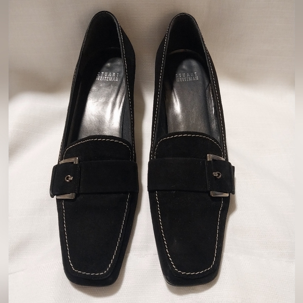 Stuart Weitzman Black Suede Loafer Pumps with Buckle Detail